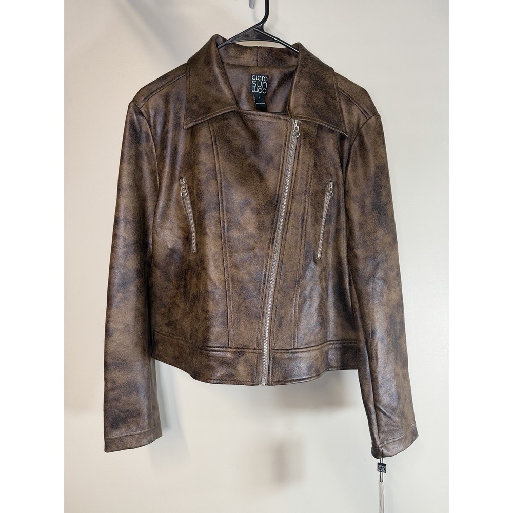 Clara Sunwoo Brown Liquid Leather Moto Jacket Vegan Distressed Size Large new‎